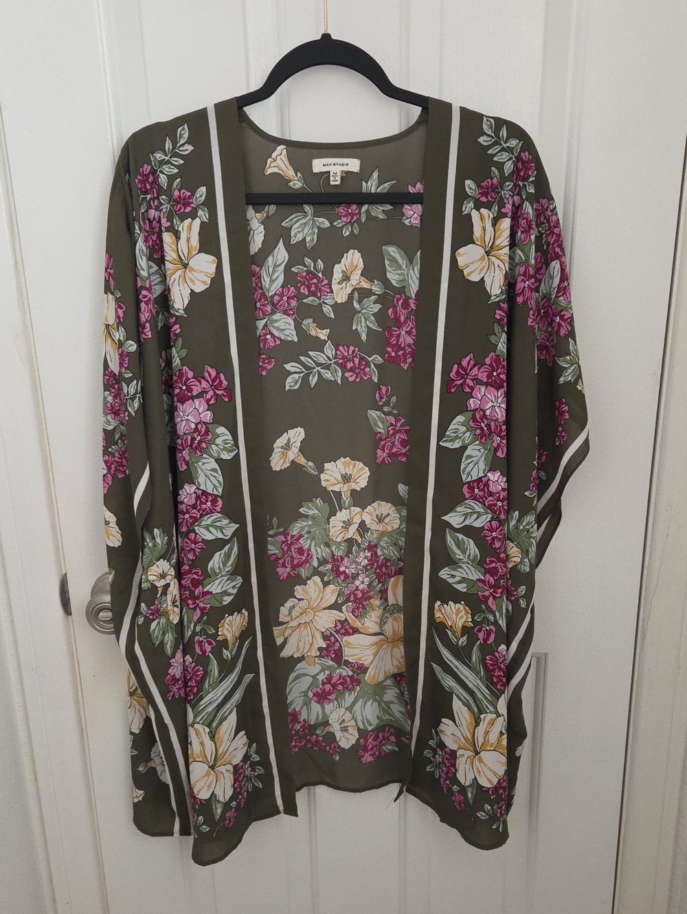 Max Studio Olive Floral Open-Front Duster